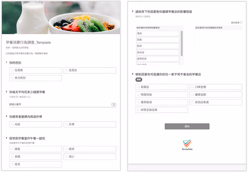 早餐消費行為調查範本,詢問每天早餐花費、內用或外帶,並排序選擇早餐店的因素