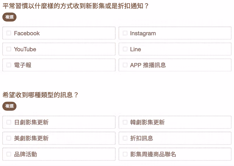 兩道複選題:習慣收到新影集或折扣通知的管道,以及希望收到的訊息類型