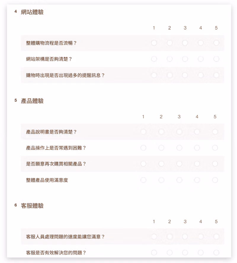 消費體驗的矩陣題問卷畫面