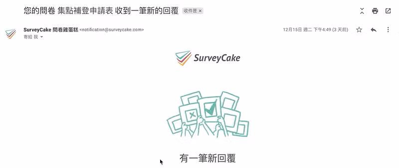 Gmail 通知信「您的問卷 集點補登申請表 收到一筆新的回覆」,內文顯示有一筆新回覆插圖