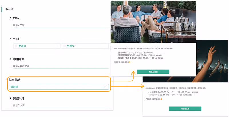 報名表選好聯絡區域後,箭頭指向兩種感謝頁,各自列出該地區近期活動與立即報名按鈕
