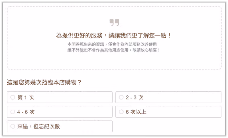 滿意度問卷問「這是您第幾次蒞臨本店購物?」,選項從第 1 次到 6 次以上共五項
