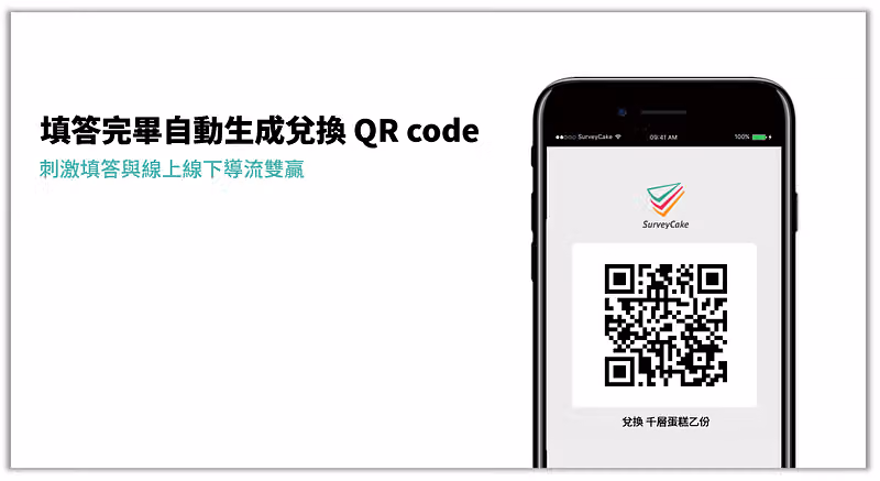 填答完畢自動生成兌換 QR code,手機畫面顯示可兌換千層蛋糕乙份的條碼