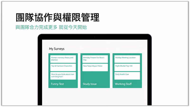 團隊協作頁面的筆電畫面,My Surveys 依 Funny Test、Study Issue 等群組分欄
