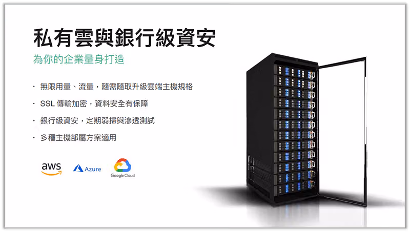 私有雲與銀行級資安列出 SSL 加密等四點,附機櫃照與 AWS、Azure 等雲端標誌