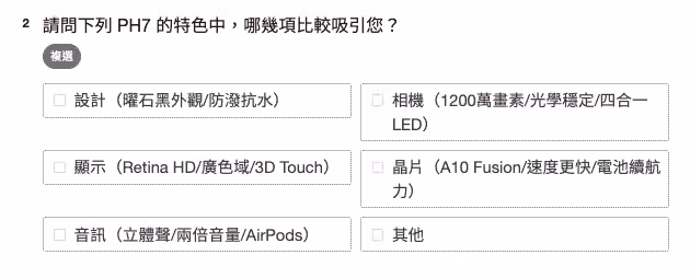 PH7 特色複選題,選項含設計、相機、顯示、晶片、音訊,並在括號中列出規格賣點