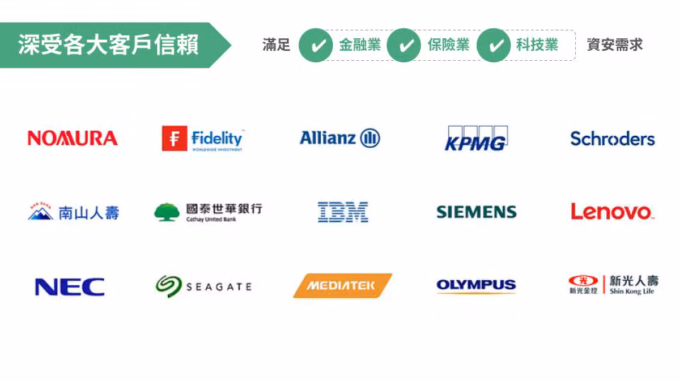 「深受各大客戶信賴」滿足金融、保險、科技業資安需求,並列 NOMURA、Allianz、KPMG、IBM、聯發科等客戶 logo