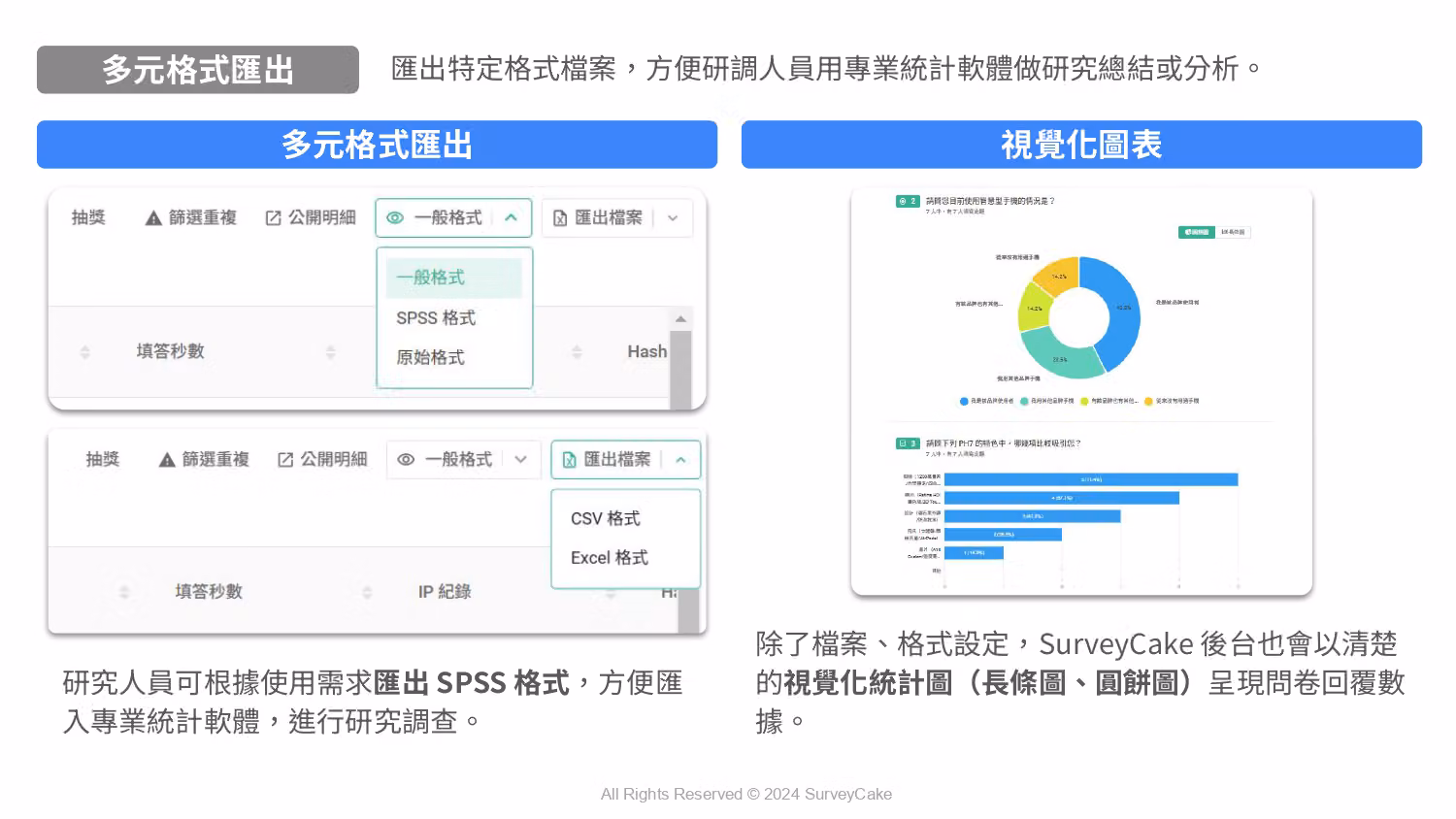 多元格式匯出說明,左為 SPSS 等匯出格式選單,右為視覺化圖表的環圈圖與長條圖