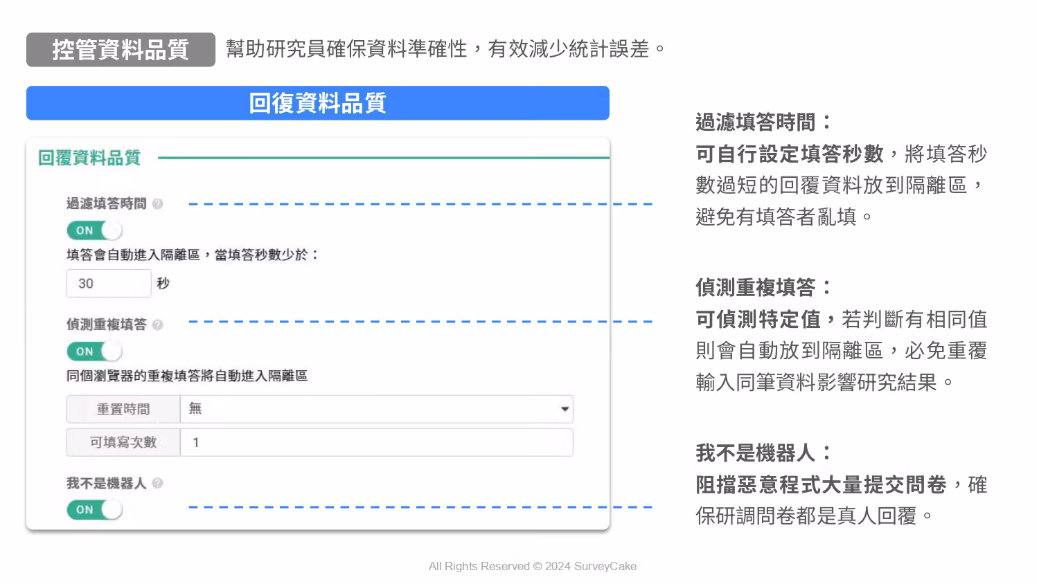 控管資料品質說明,左為回覆資料品質設定畫面,右側列出三項過濾機制
