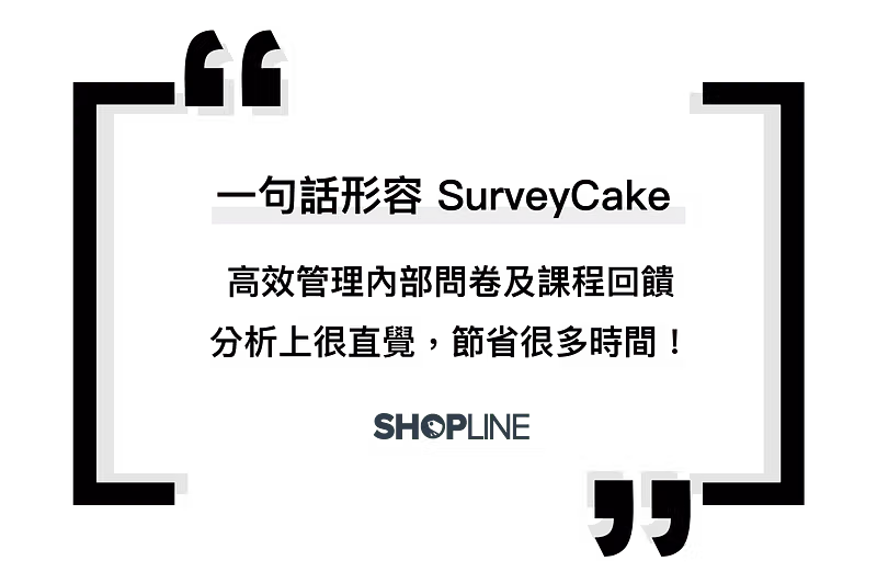 引號框內寫著高效管理內部問卷及課程回饋、分析很直覺，署名 SHOPLINE
