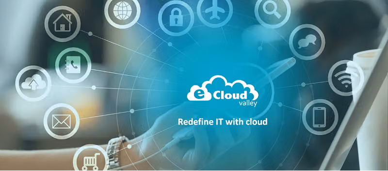 eCloudvalley brand banner reading Redefine IT with cloud, its logo ringed by connected service icons