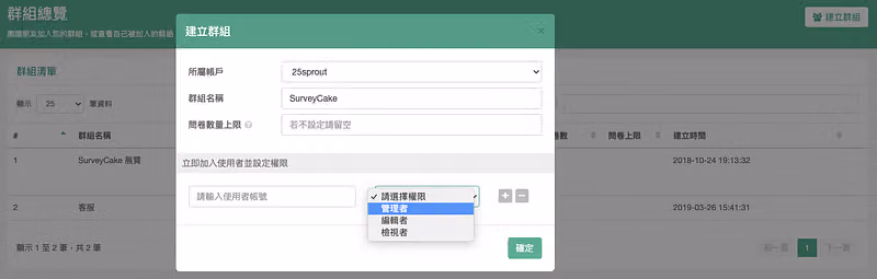 Group management screen with a create-group dialog and a permission dropdown offering administrator, editor and viewer roles
