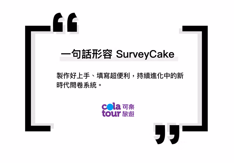 引號卡片寫著製作好上手、填寫超便利的新時代問卷系統,附可樂旅遊標誌