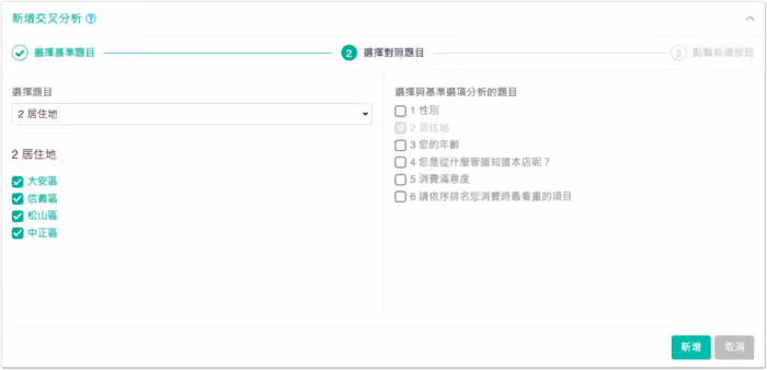 新增交叉分析的設定視窗,基準題目選居住地並勾選大安區等四區,右側為可對照的題目清單
