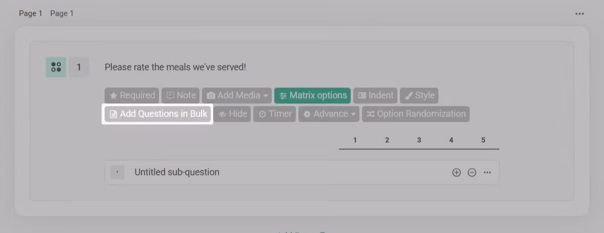Matrix question type editor showing the Add Questions in Bulk button