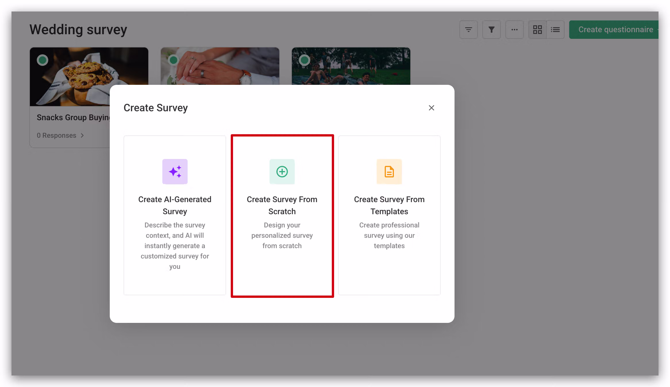 Creating a new survey directly inside the wedding survey workspace