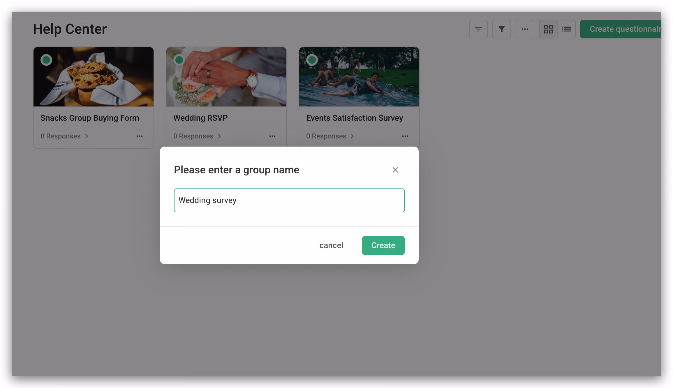 New Workspace named 'wedding survey' successfully created in the list