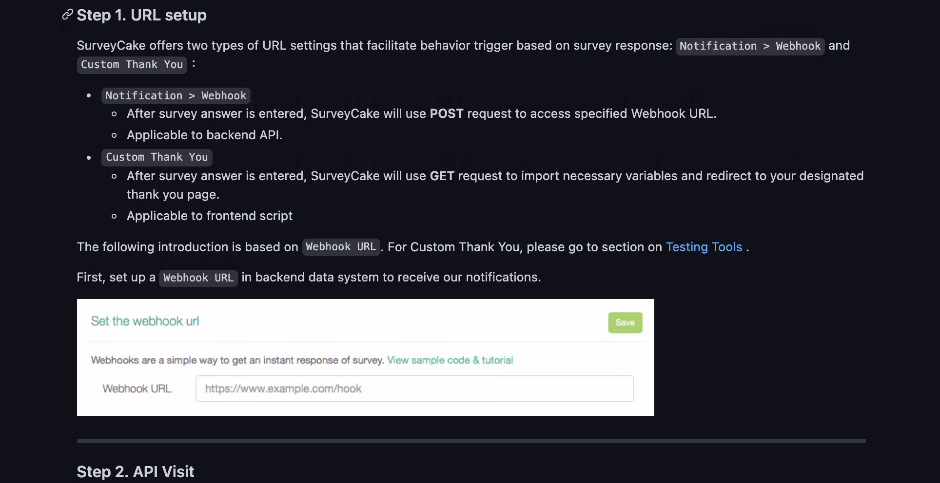 Sample code block in the Webhook documentation demonstrating the actual integration syntax