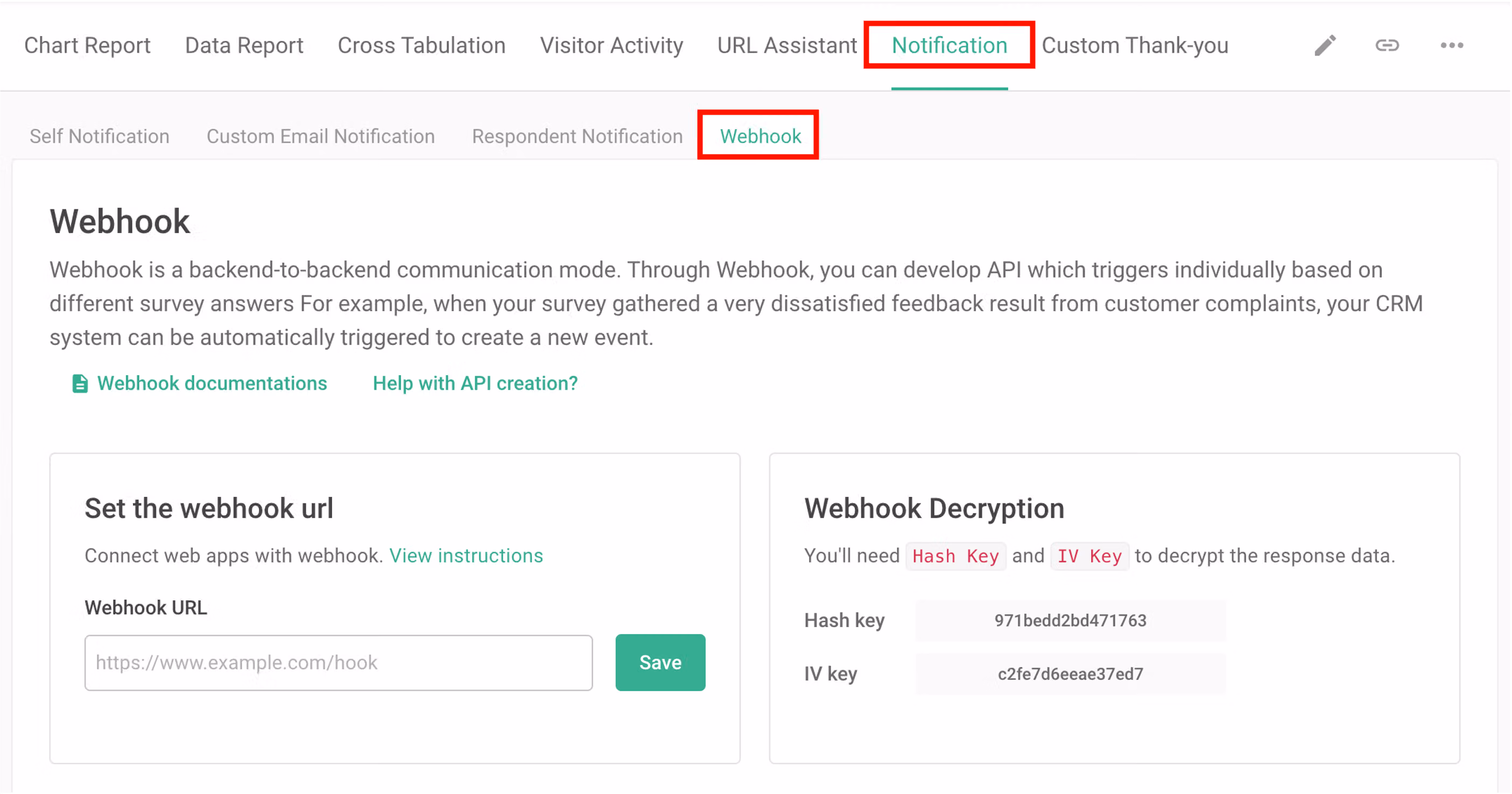 Survey backend Notification tab with Webhook selected to start the connection setup