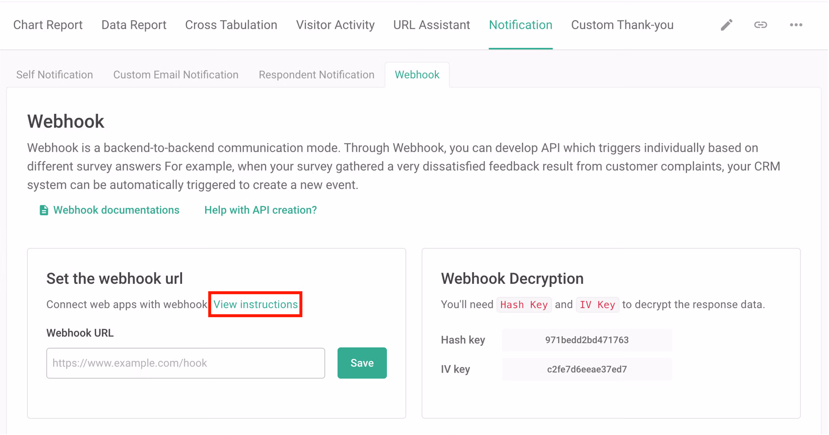 Webhook settings page with the View sample code and tutorial link