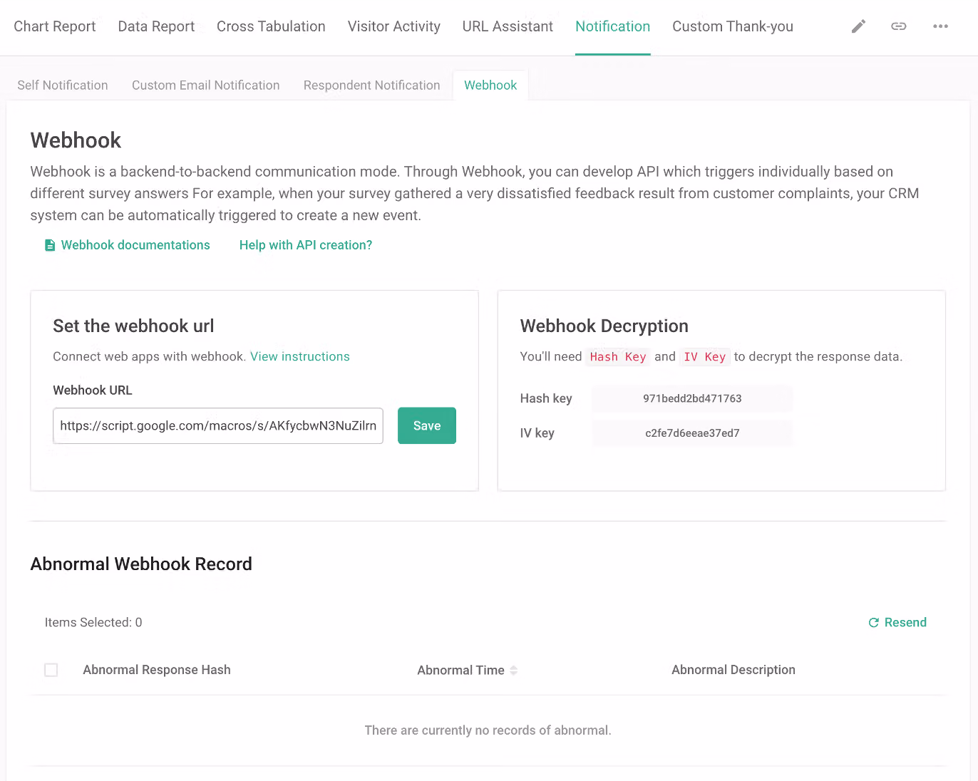 Survey backend Notification toolbar with Webhook clicked to begin connection setup