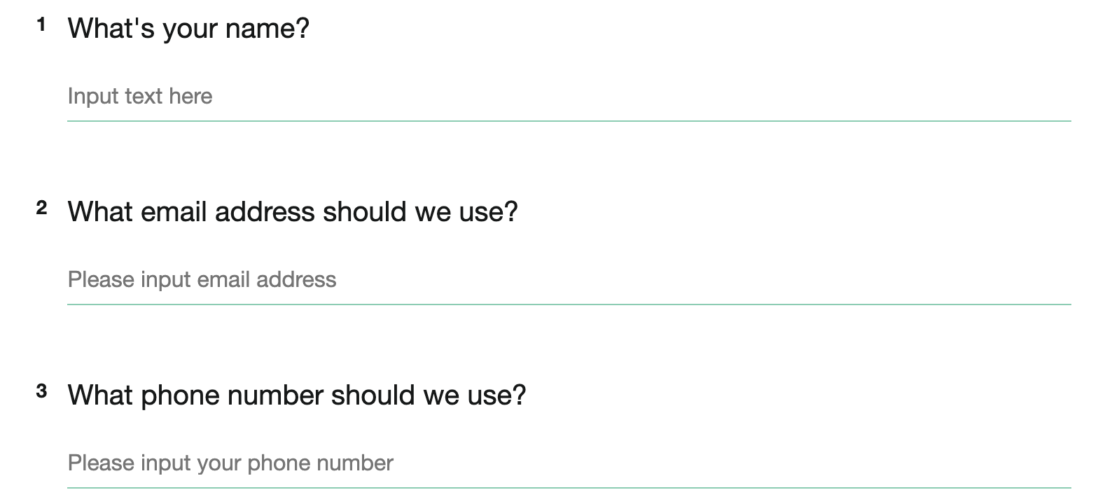 Example survey questions for Name, Email, and Phone Number fields to prefill with data