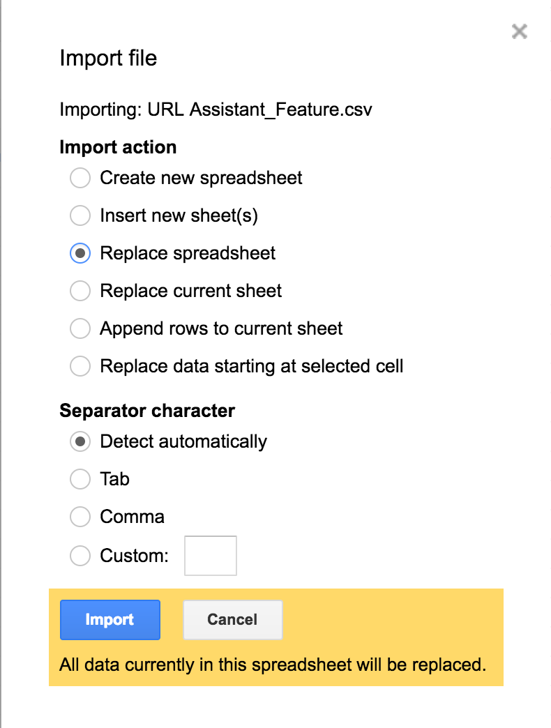 URL Assistant step three, clicking Upload to submit the completed Excel file