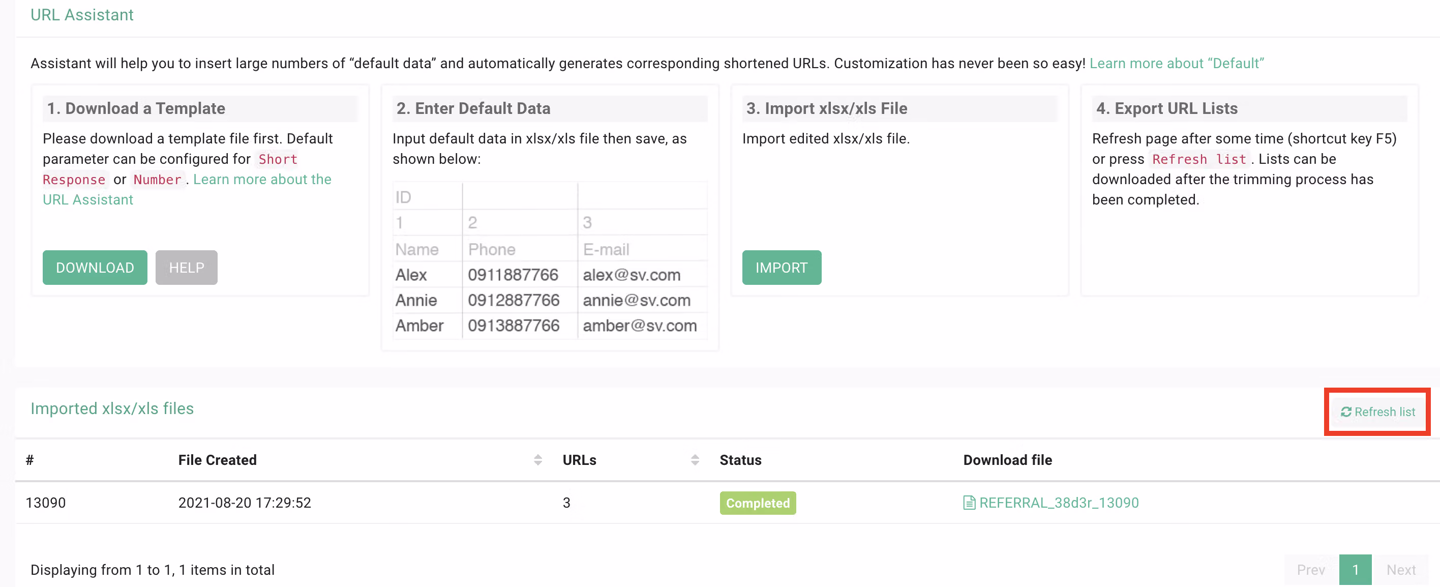 Processed file showing a custom survey URL column generated for each row of data