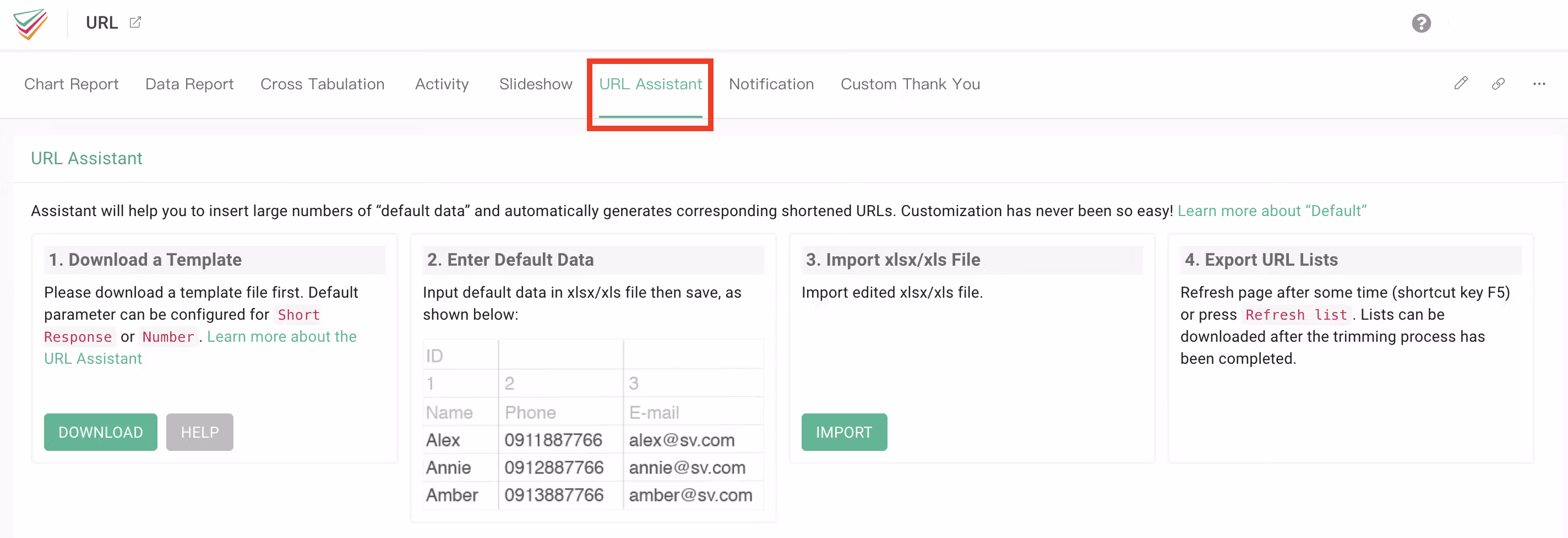 URL Assistant tab in the survey backend showing the four bulk customization steps