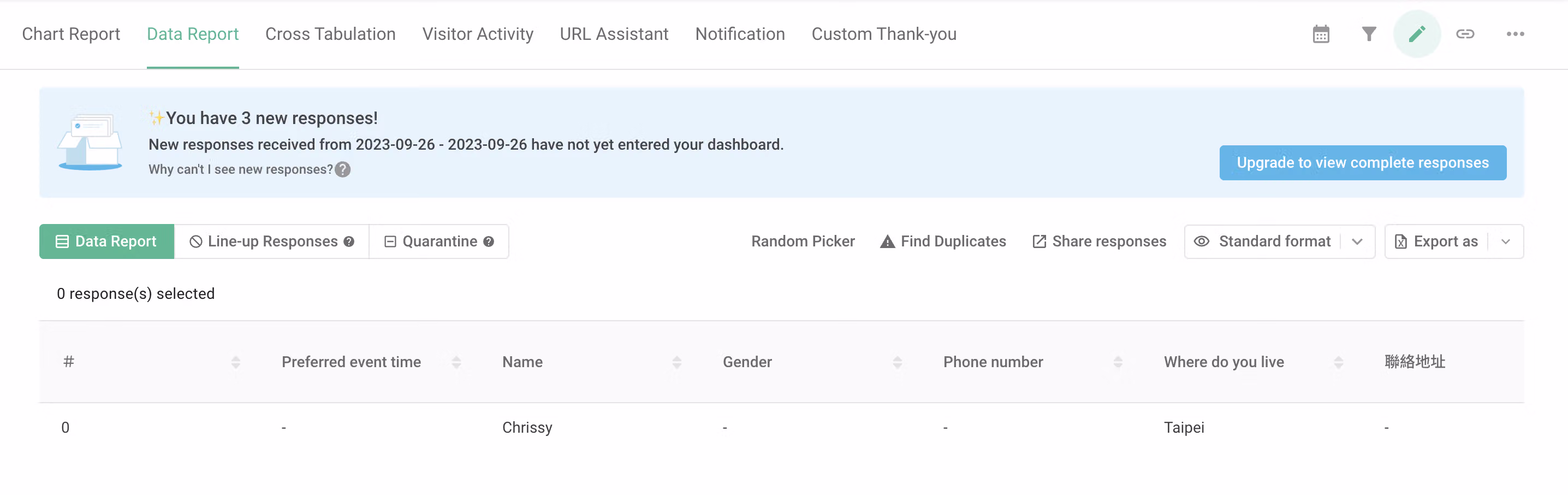 Blue notice banner at the top of the Chart Report or Data Report page prompting an upgrade to view responses