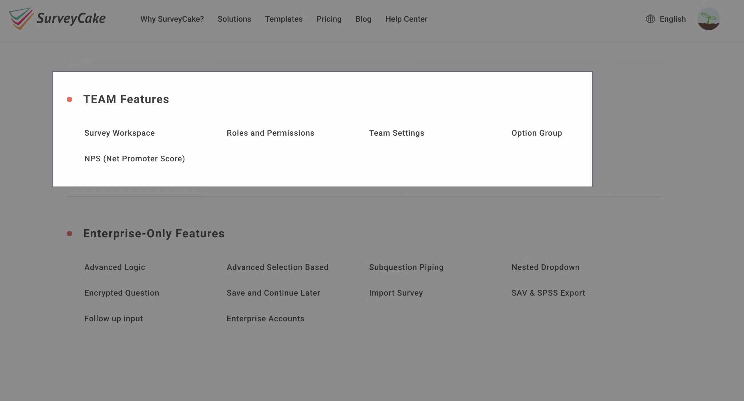 Diagram showing where Team Features articles are located under Survey in the Help Center