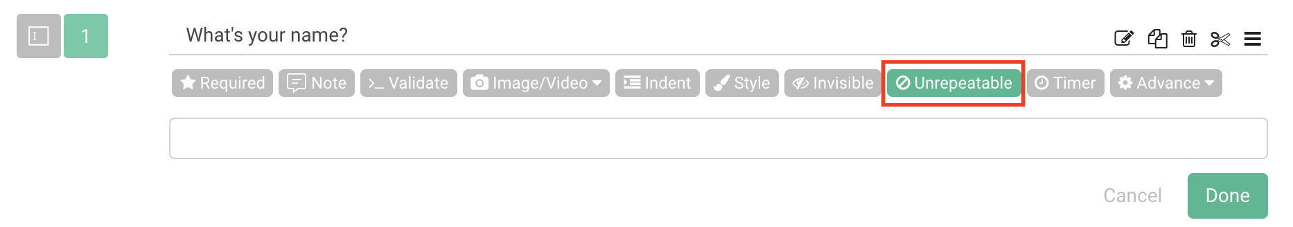 Single Line Text question toolbar with the Unrepeatable feature selected