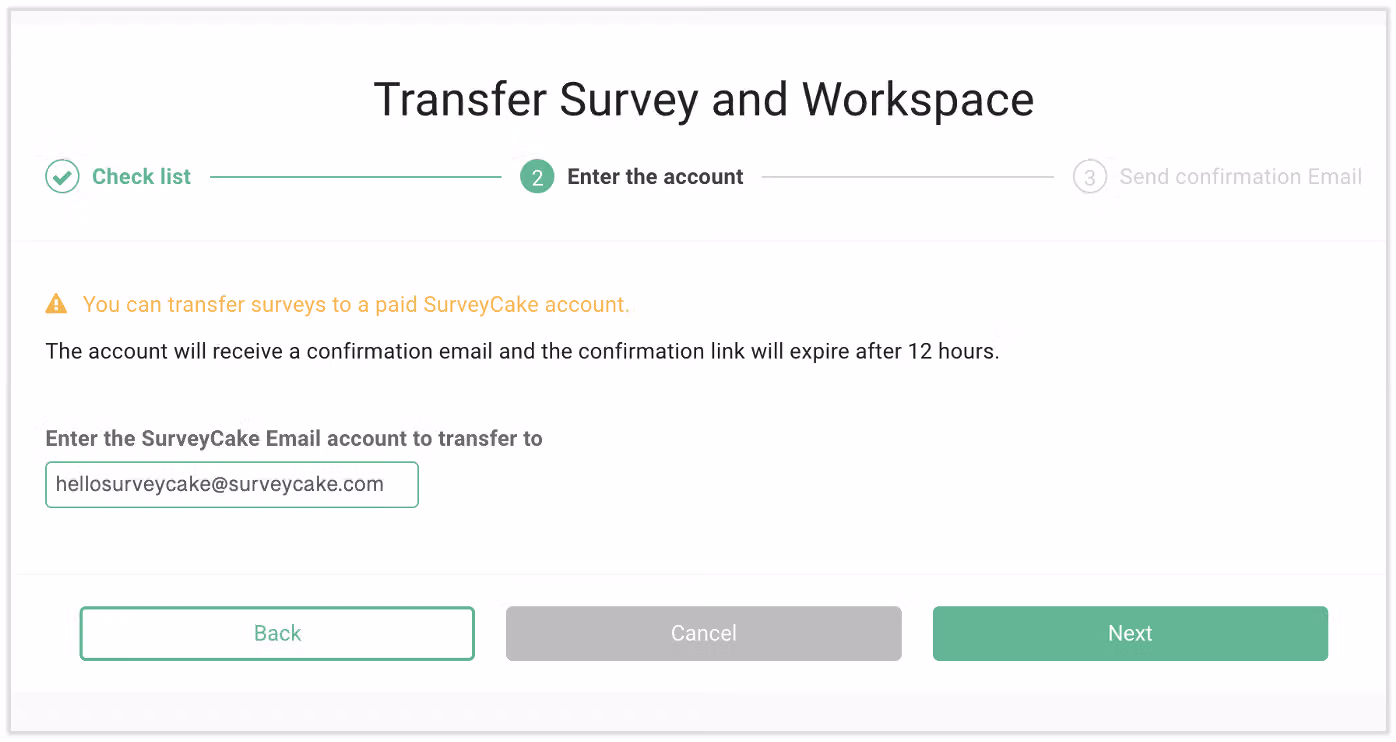 Step for entering the recipient's paid-plan email address to receive the surveys