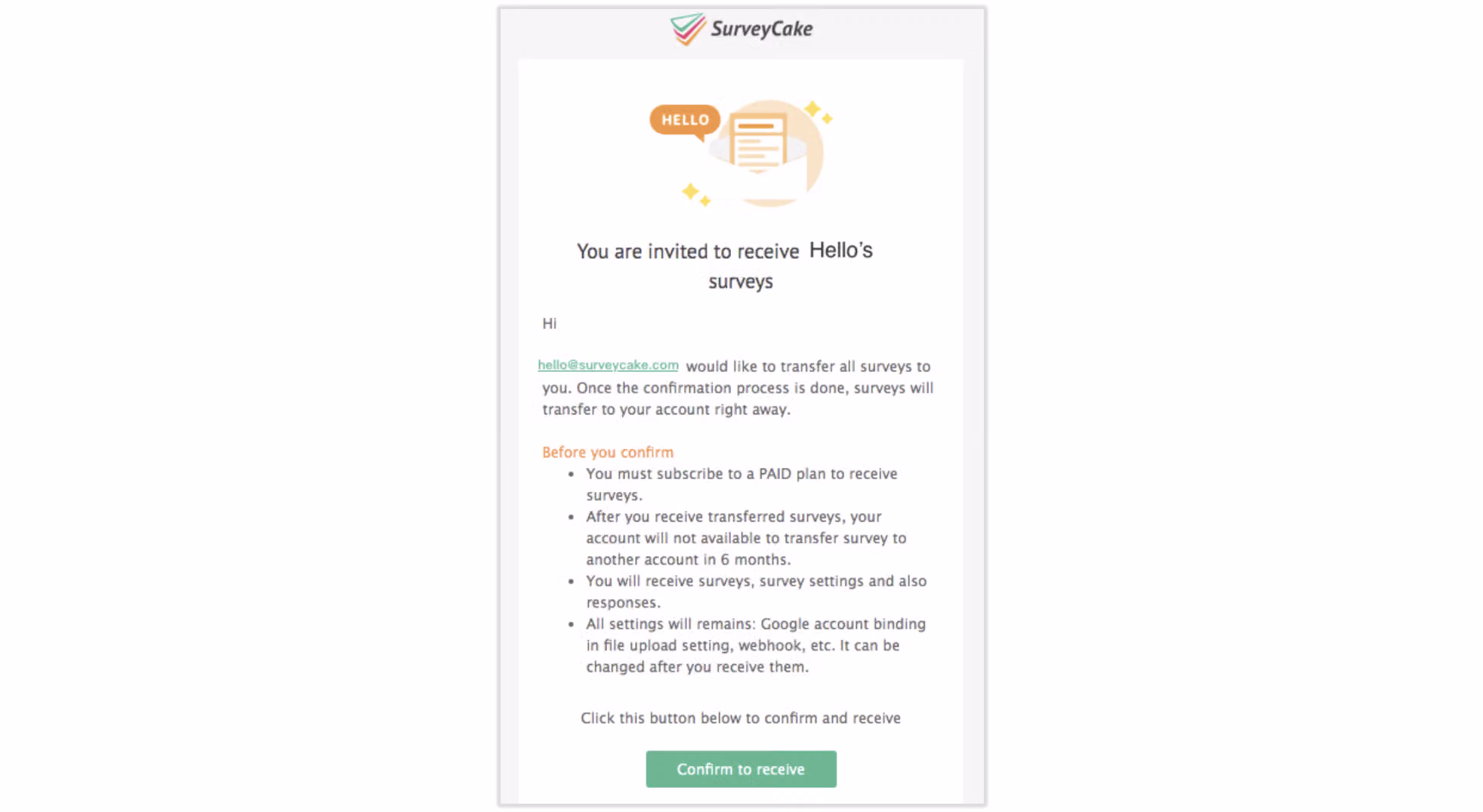 Example of the survey transfer confirmation email received by the recipient