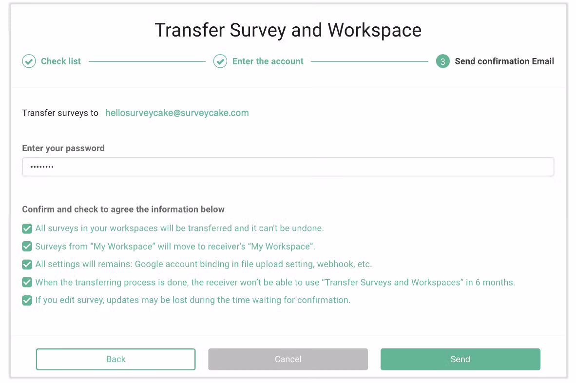 Step for sending the confirmation email, entering a password and checking the notice