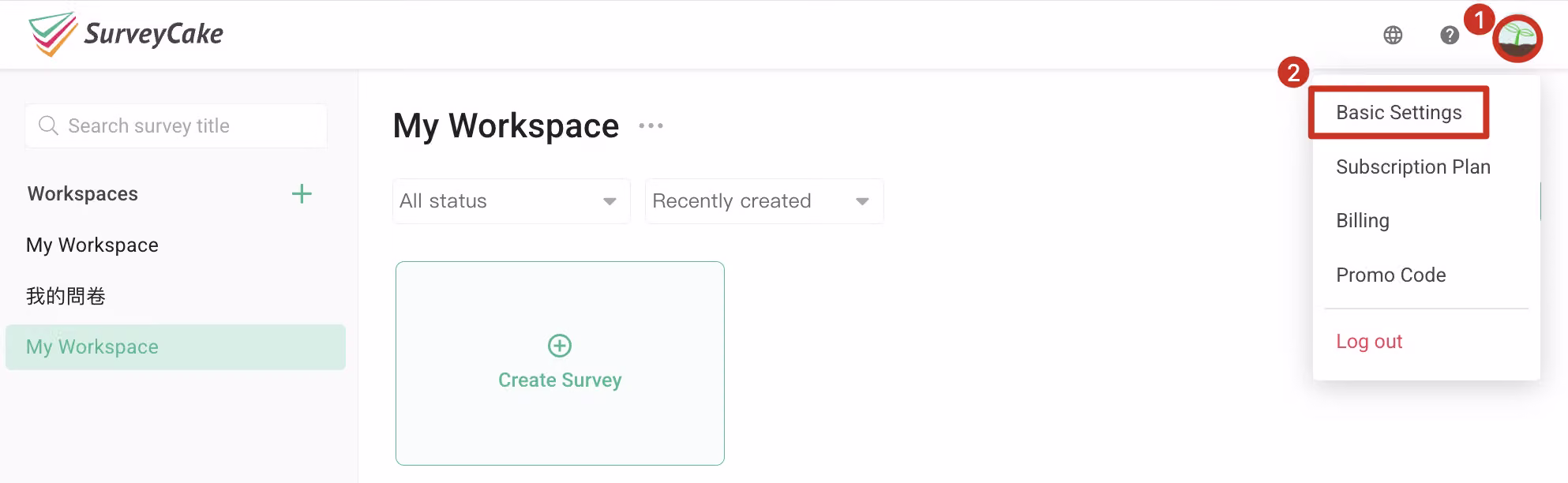 Basic Settings page with the Transfer Survey and Workspace menu option