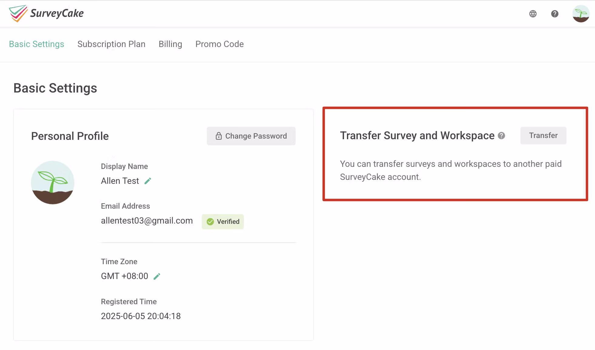 Basic Settings page right-side section with the entry point to Transfer All Surveys and Workspaces