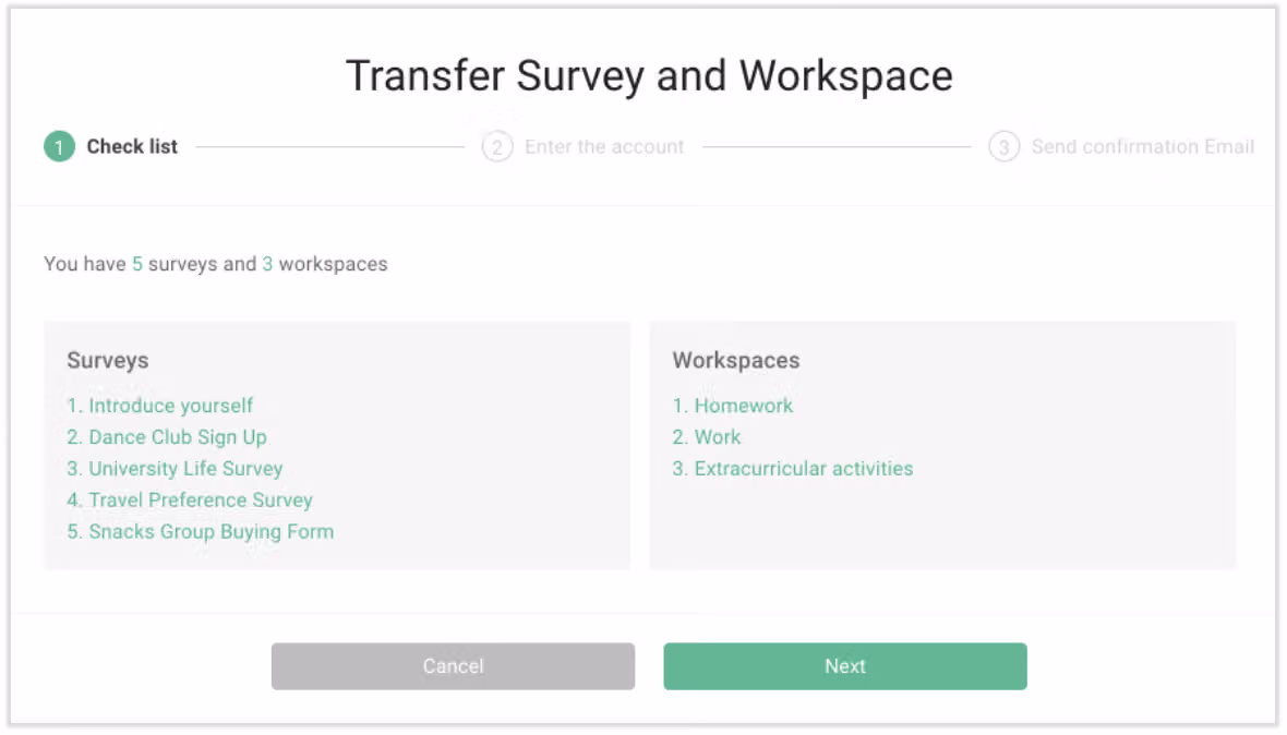 Transfer step showing a checklist of all surveys and workspaces under the account