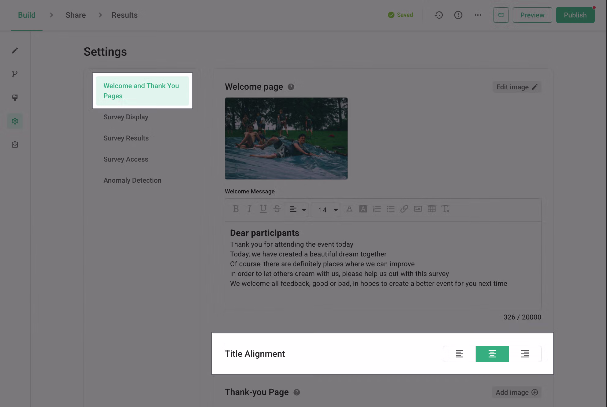 Survey title setup feature with alignment options for left, middle, or right