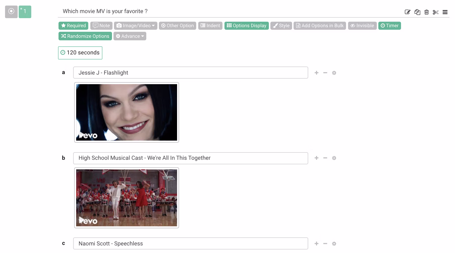 Survey question about music video opinions with Required and Randomize Options enabled