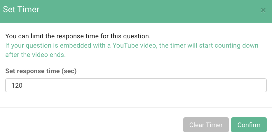 Timer setting configured to 120 seconds for a question