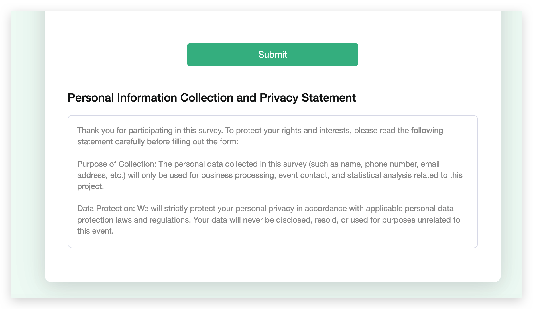 Survey homepage showing the Terms and Conditions displayed in both a pop-up and at the bottom of the page