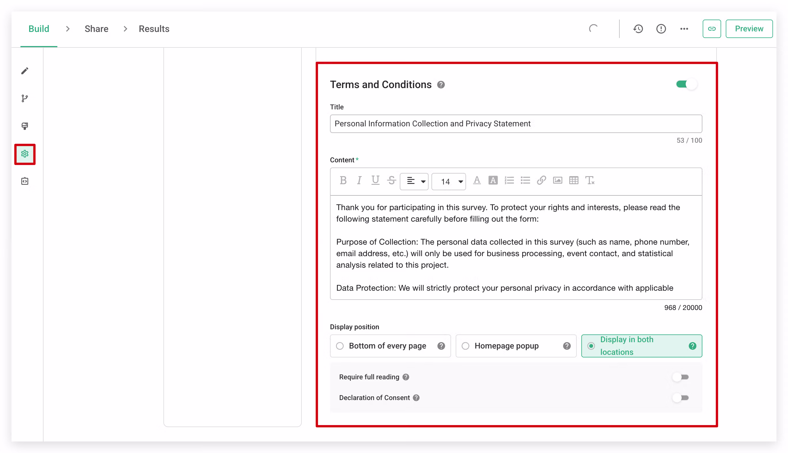 Terms and Conditions display position settings with three layout options