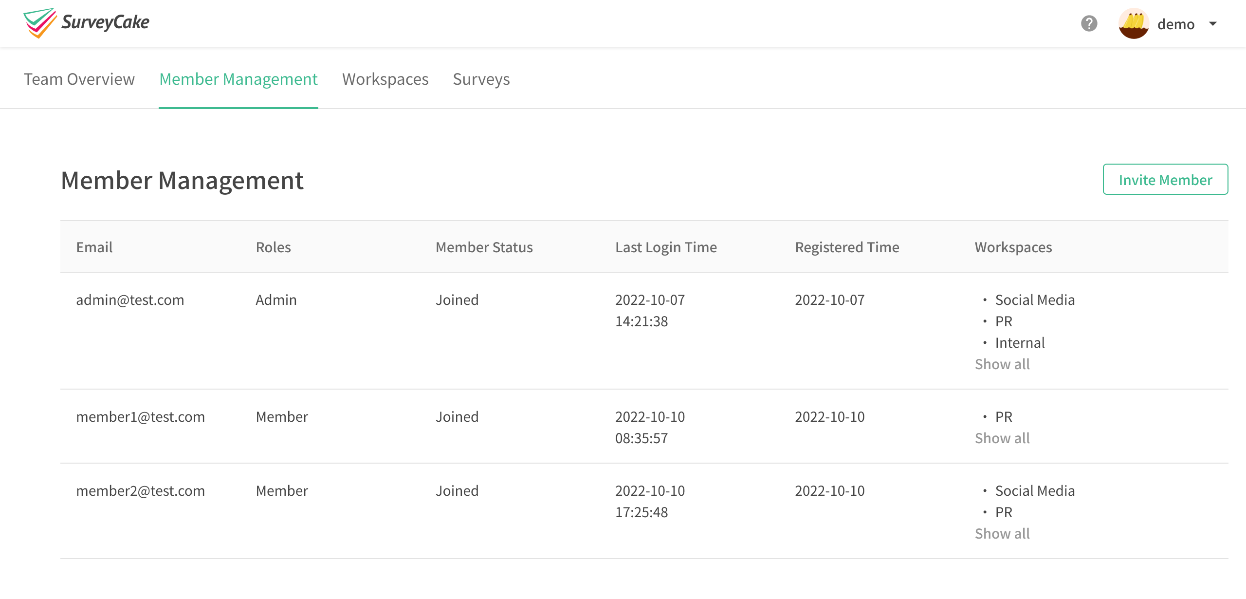Member Management page for viewing, adding, and removing members' account information and permissions