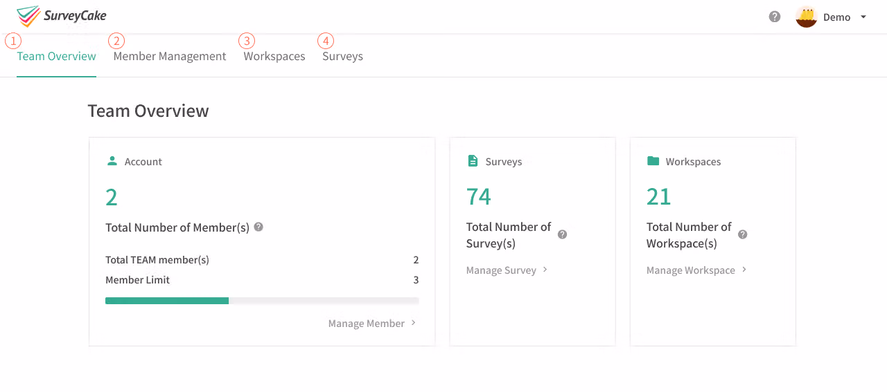 Team Settings Overview page showing the number of users, surveys, groups, and ad-free responses