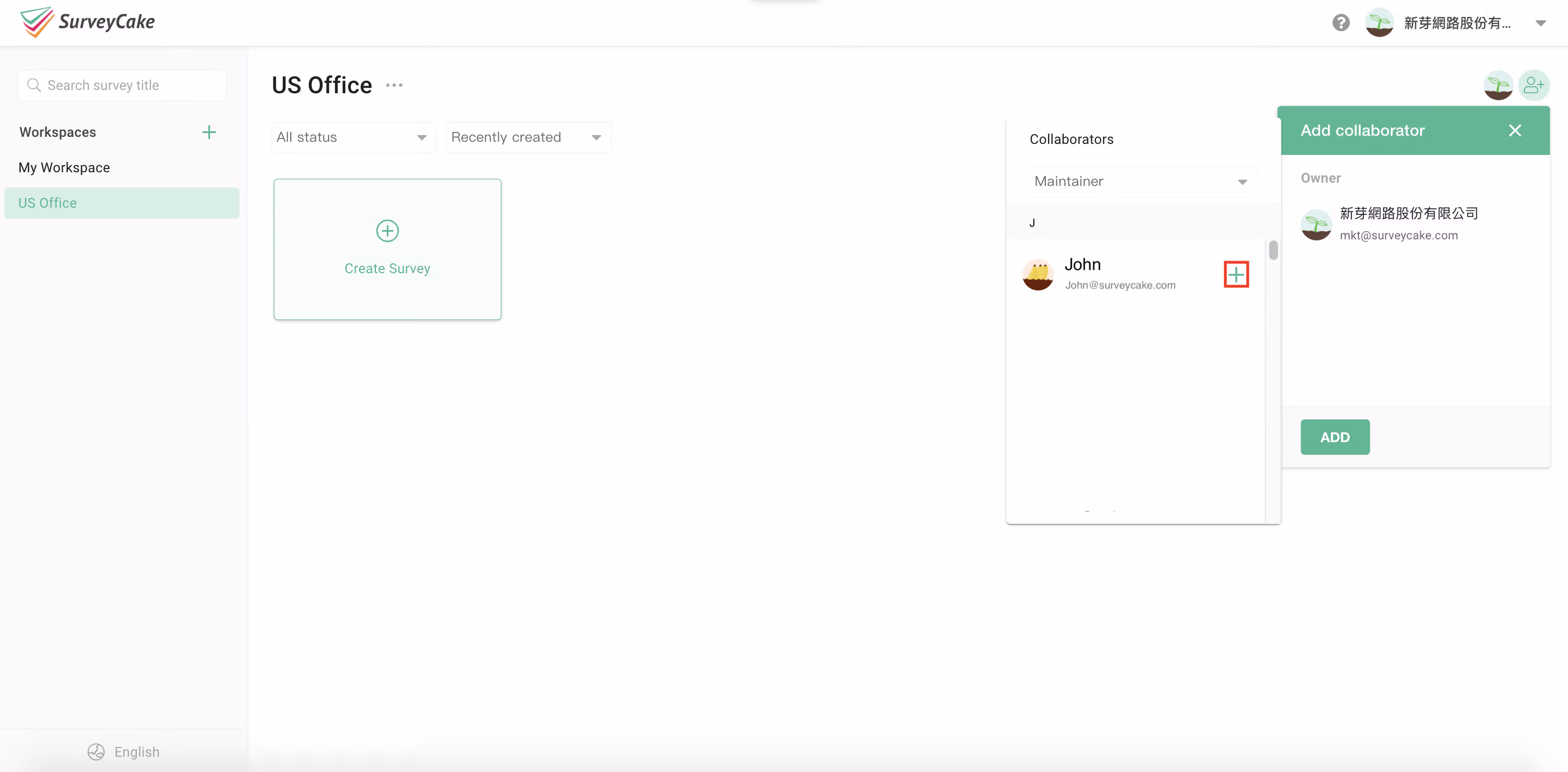 Clicking the + button to finish adding the new member to the workspace