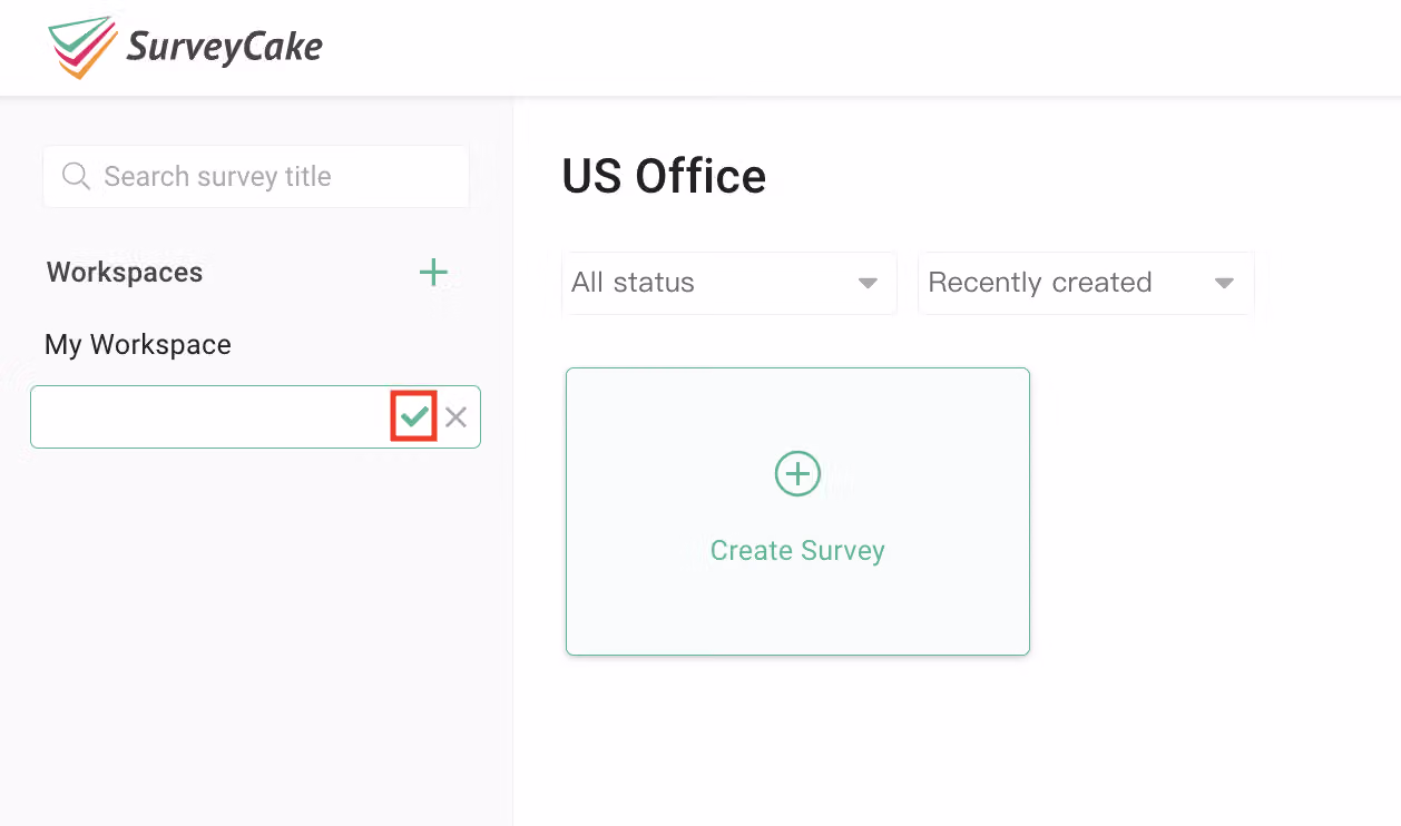 Clicking the + icon next to Survey Workspace in the left menu to create a new workspace