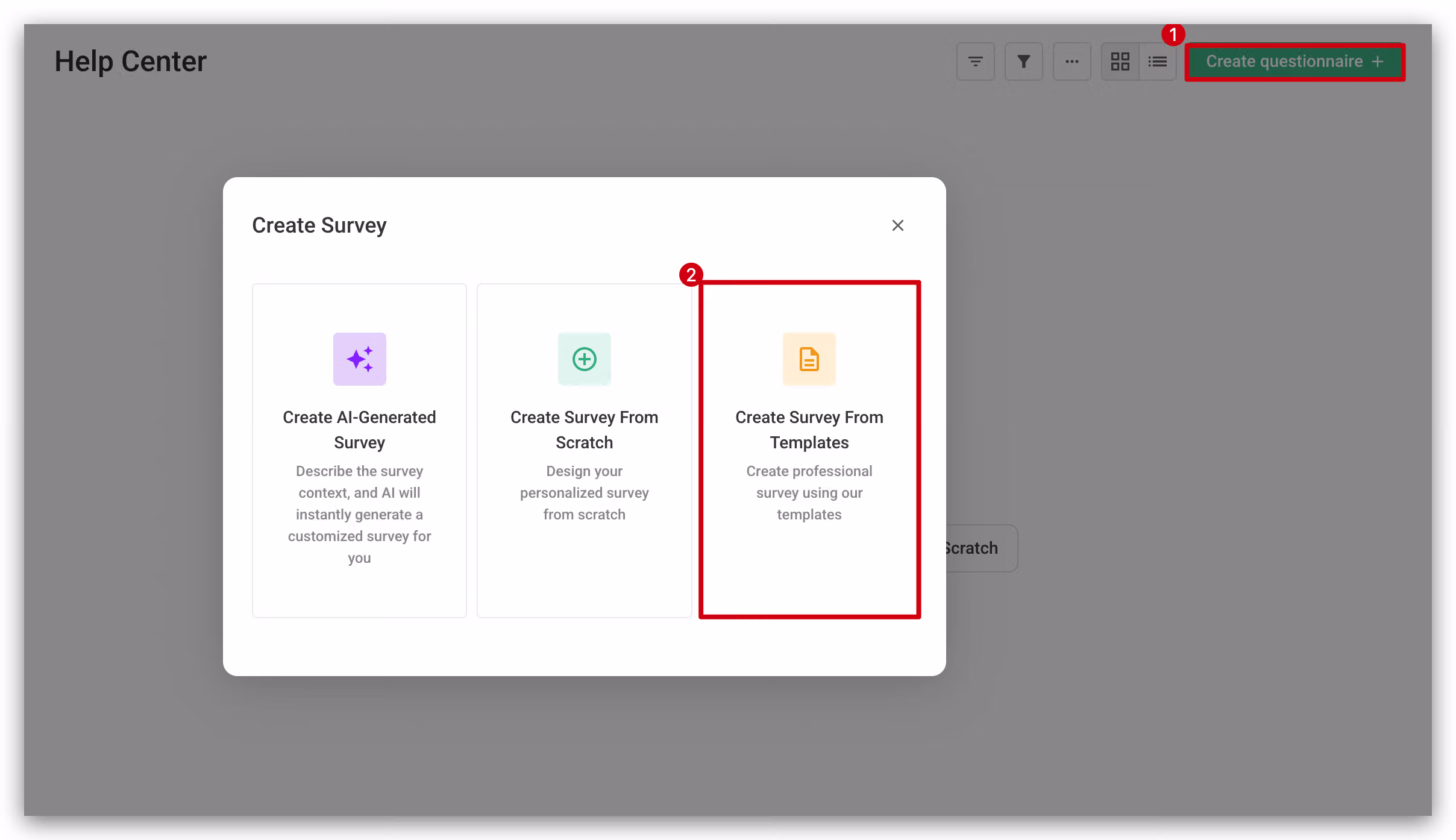 Dashboard with Create Survey menu open, selecting Create Survey From Templates