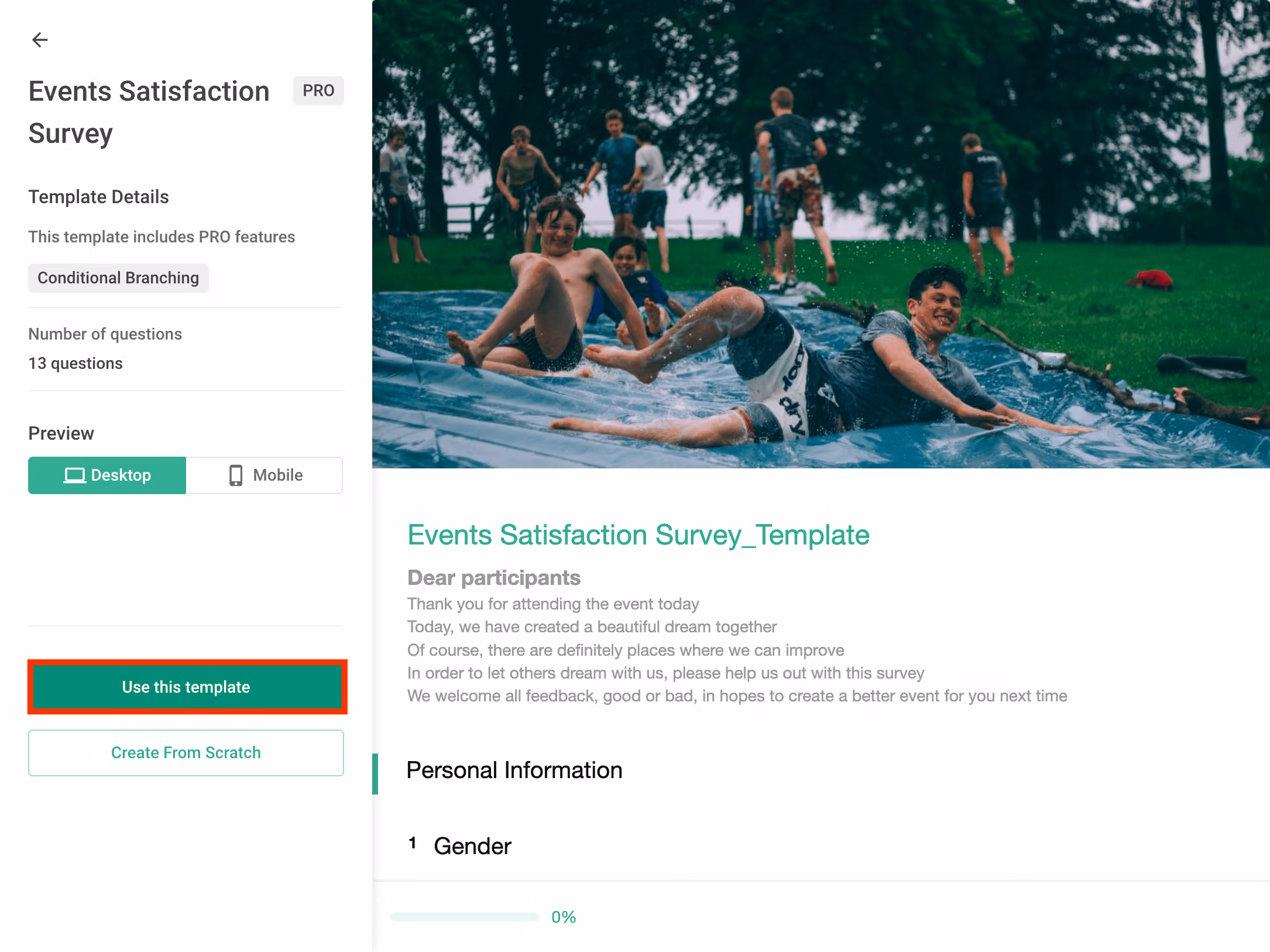 Clicking the 'Use this template' button to apply the selected template to a new survey