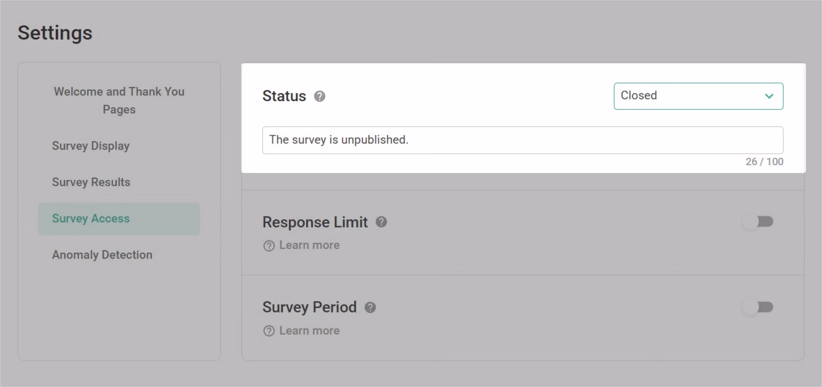 Closed Message field settings for customizing the text shown when the survey is closed